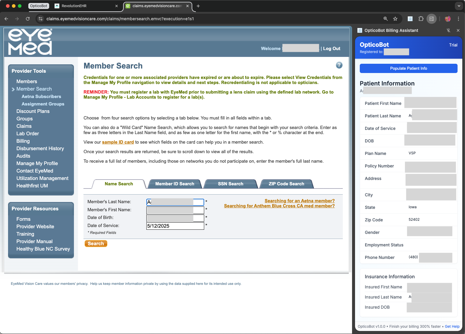 Populate EyeMed Member Search